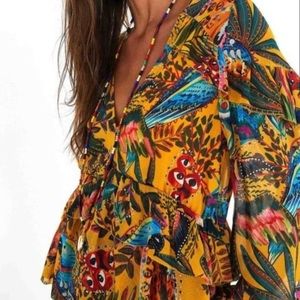 FARM Rio Yellow Multicolor Tropical Print Peasant Blouse